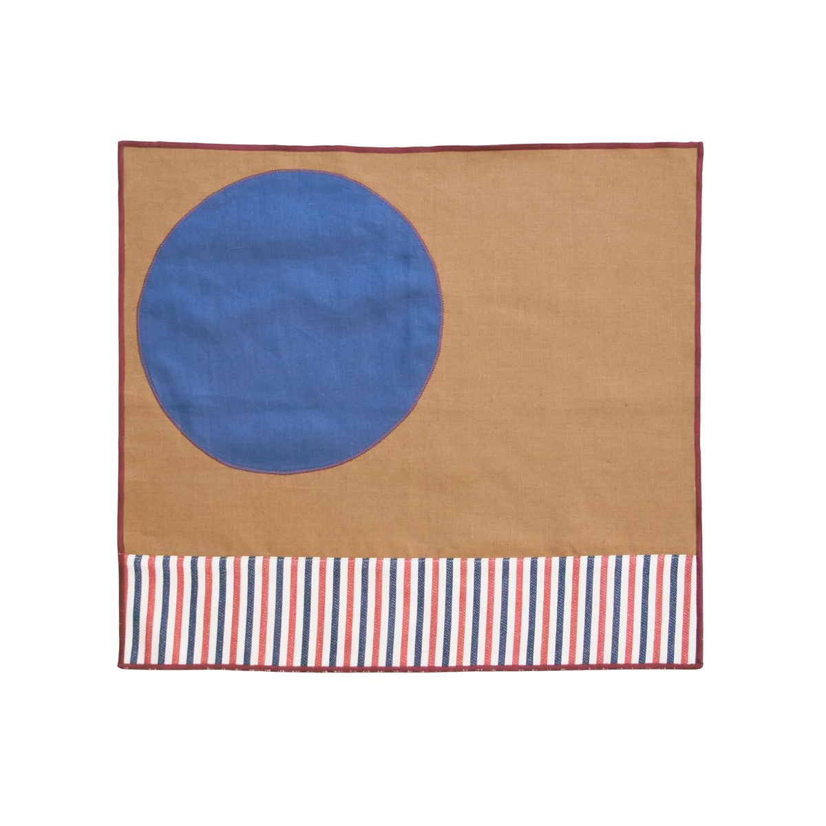 Rug with a blue circle in the center and striped border on a white background