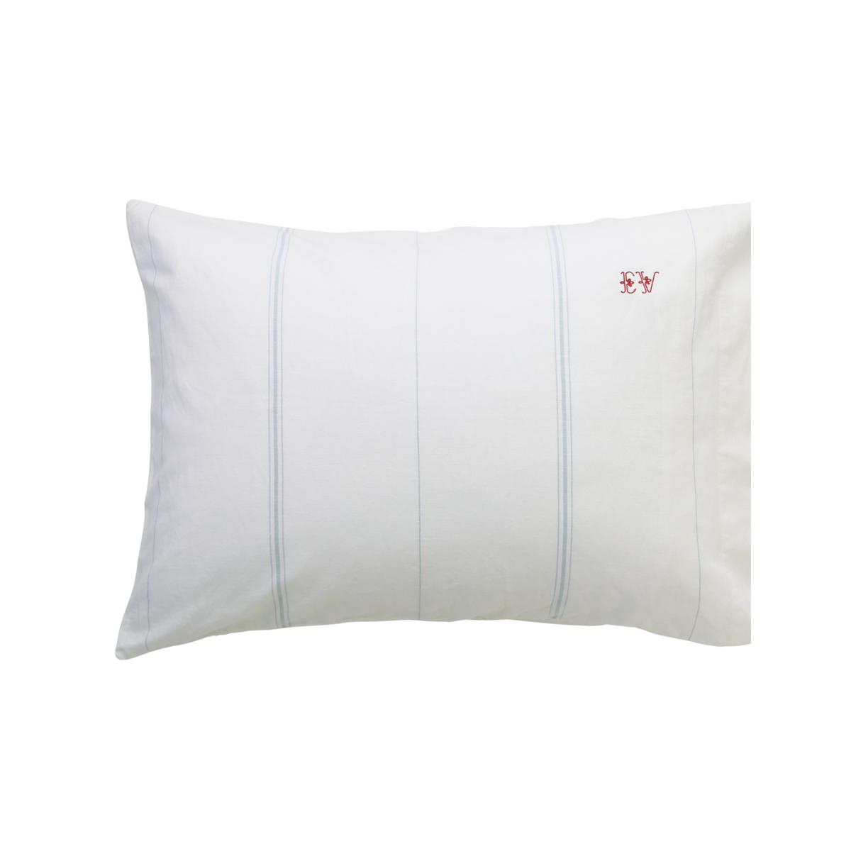 White pillow with blue stitching on a white background