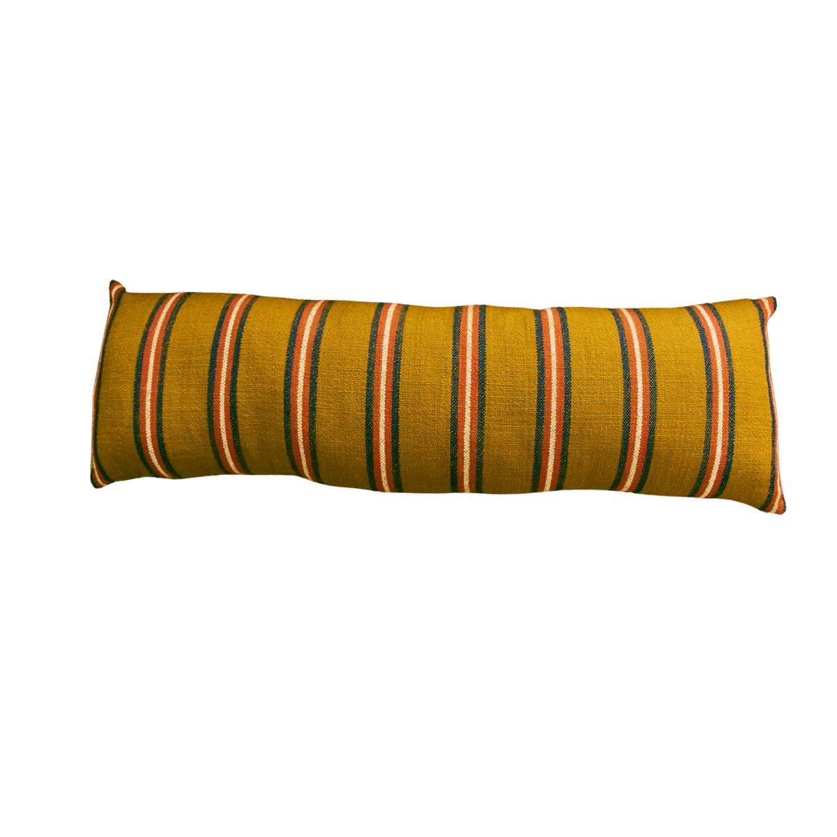 Long rectangular pillow with yellow and striped pattern.