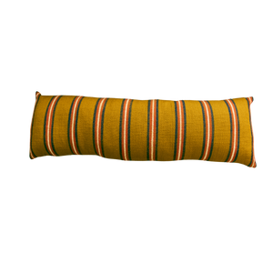 Long rectangular pillow with yellow and striped pattern.
